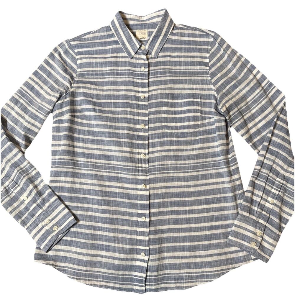 J. Crew Women Sz M Button Up 100% Cotton Lightweight Blue‎ White Stripe